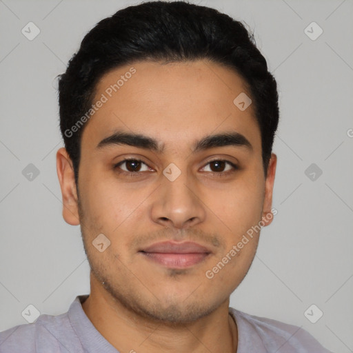 Neutral latino young-adult male with short  black hair and brown eyes