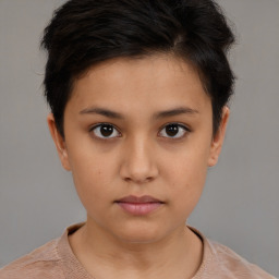 Neutral white young-adult female with short  brown hair and brown eyes