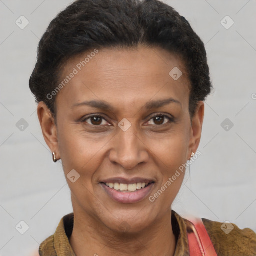 Joyful latino adult female with short  brown hair and brown eyes