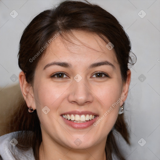 Joyful white young-adult female with medium  brown hair and brown eyes