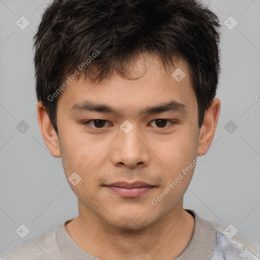 Joyful white child male with short  brown hair and brown eyes