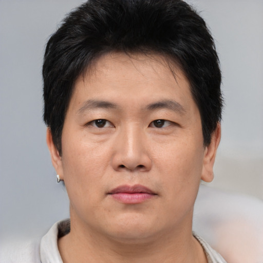 Neutral asian young-adult male with short  brown hair and brown eyes