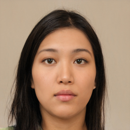 Neutral asian young-adult female with long  brown hair and brown eyes