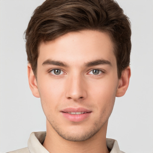 Neutral white young-adult male with short  brown hair and brown eyes