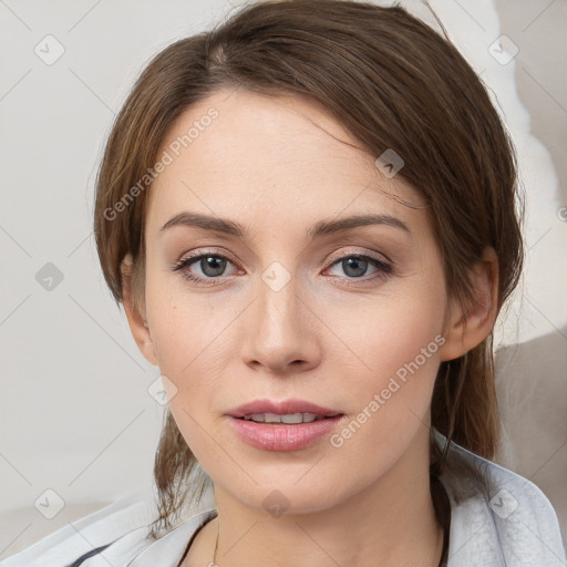 Neutral white young-adult female with medium  brown hair and grey eyes