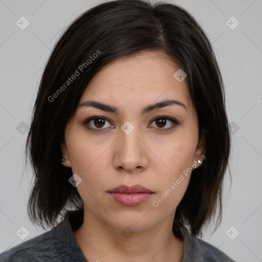 Neutral white young-adult female with medium  brown hair and brown eyes