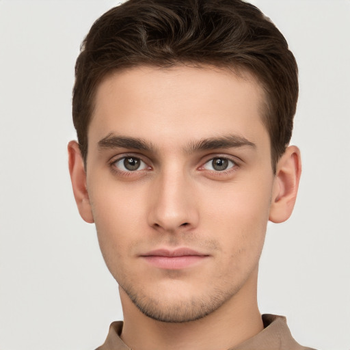 Neutral white young-adult male with short  brown hair and brown eyes