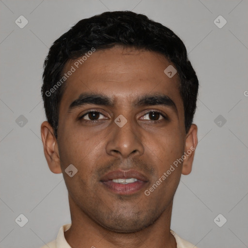 Neutral latino young-adult male with short  black hair and brown eyes