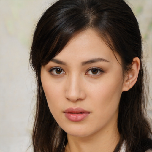 Neutral asian young-adult female with long  brown hair and brown eyes