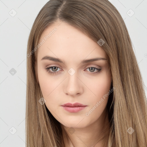 Neutral white young-adult female with long  brown hair and brown eyes