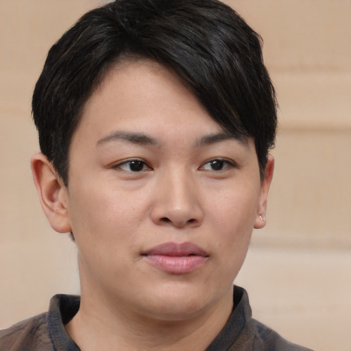 Neutral asian young-adult female with short  brown hair and brown eyes