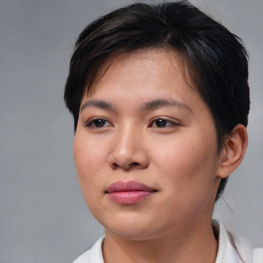 Neutral asian young-adult female with short  brown hair and brown eyes