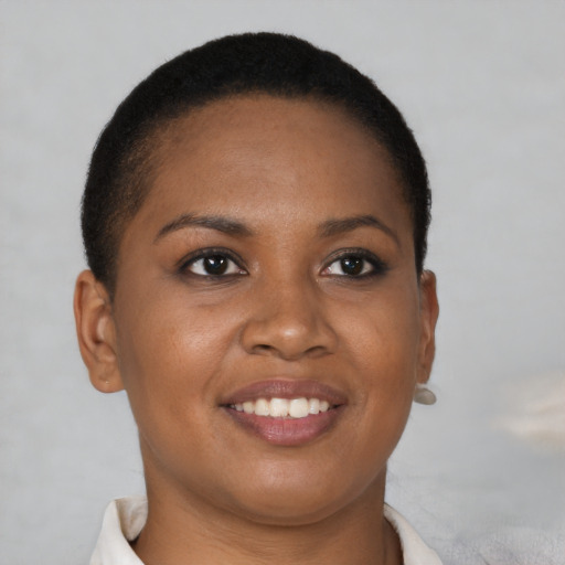 Joyful black young-adult female with short  brown hair and brown eyes