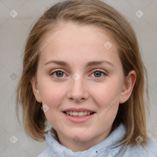 Joyful white young-adult female with medium  brown hair and blue eyes