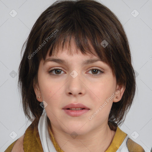 Neutral white young-adult female with medium  brown hair and brown eyes