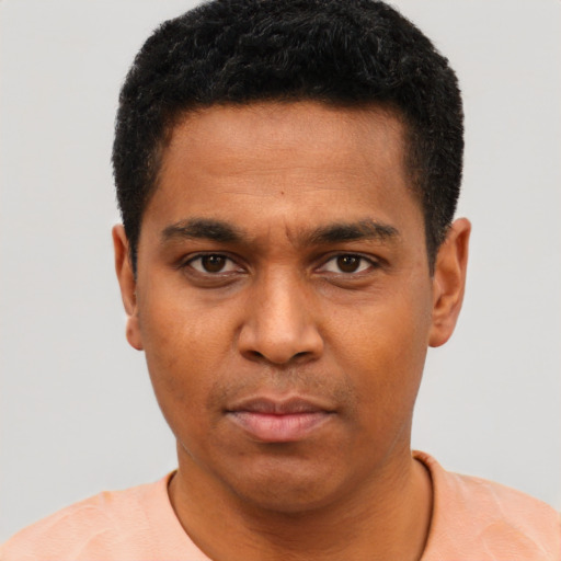 Neutral black young-adult male with short  black hair and brown eyes