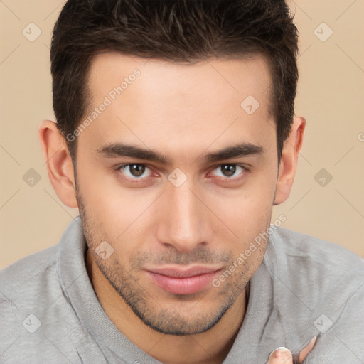 Neutral white young-adult male with short  brown hair and brown eyes