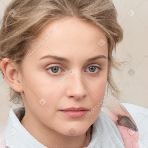 Neutral white young-adult female with medium  brown hair and grey eyes