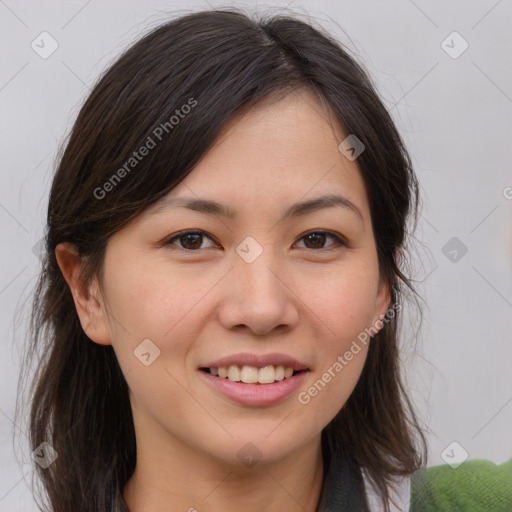 Joyful white young-adult female with medium  brown hair and brown eyes