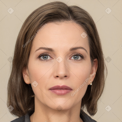 Neutral white young-adult female with medium  brown hair and grey eyes