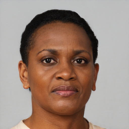 Neutral black young-adult female with short  brown hair and brown eyes