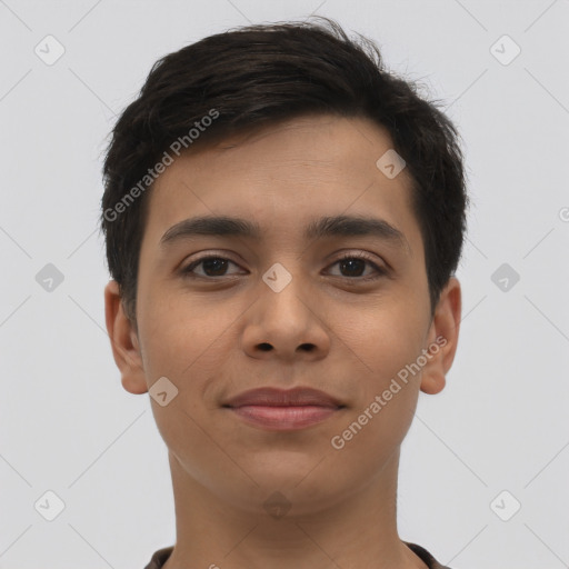Joyful latino young-adult male with short  brown hair and brown eyes