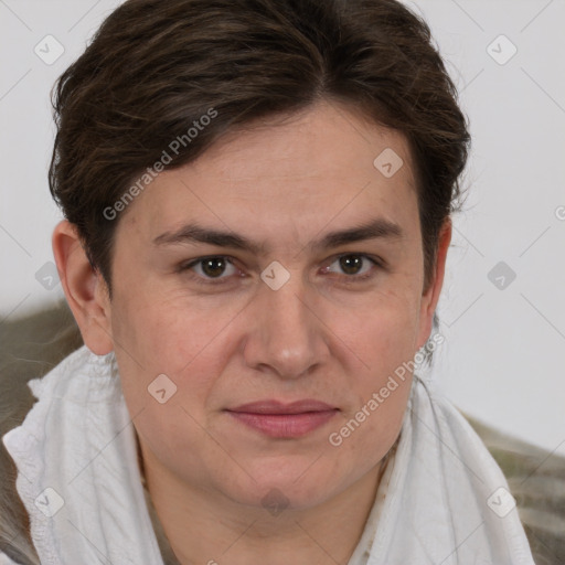 Joyful white adult female with medium  brown hair and brown eyes