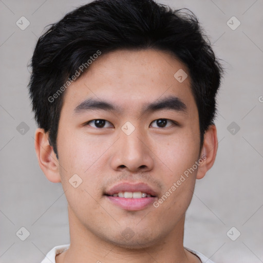 Joyful asian young-adult male with short  black hair and brown eyes