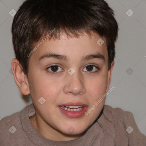 Joyful white child male with short  brown hair and brown eyes