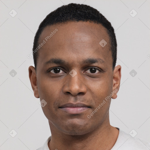 Neutral black young-adult male with short  black hair and brown eyes