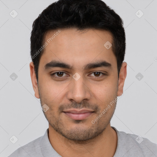 Neutral latino young-adult male with short  black hair and brown eyes