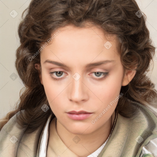 Neutral white young-adult female with medium  brown hair and green eyes