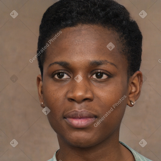 Neutral black young-adult female with short  black hair and brown eyes