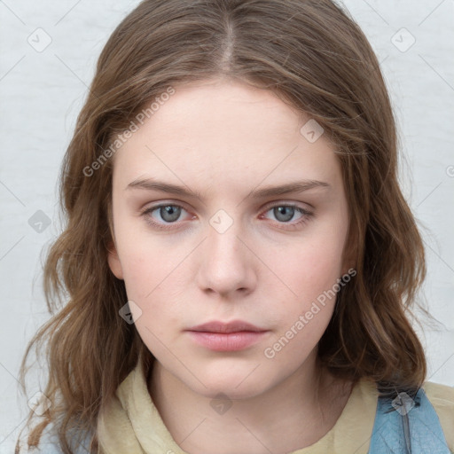 Neutral white young-adult female with medium  brown hair and blue eyes