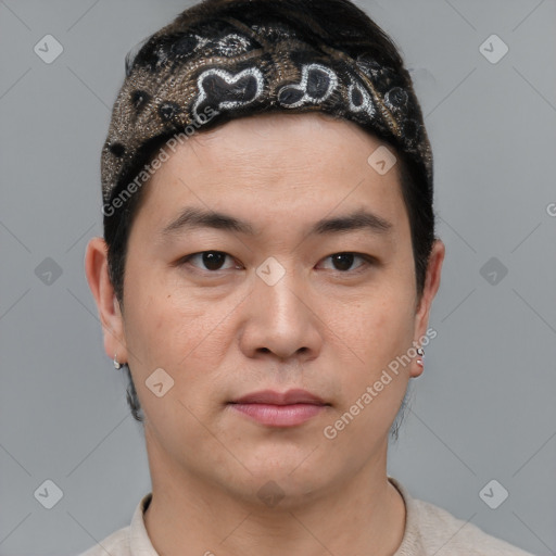 Neutral asian young-adult male with short  brown hair and brown eyes