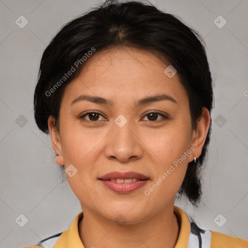 Joyful white young-adult female with medium  brown hair and brown eyes