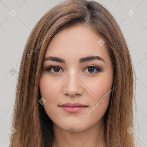 Neutral white young-adult female with long  brown hair and brown eyes