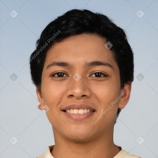 Joyful latino young-adult female with short  black hair and brown eyes