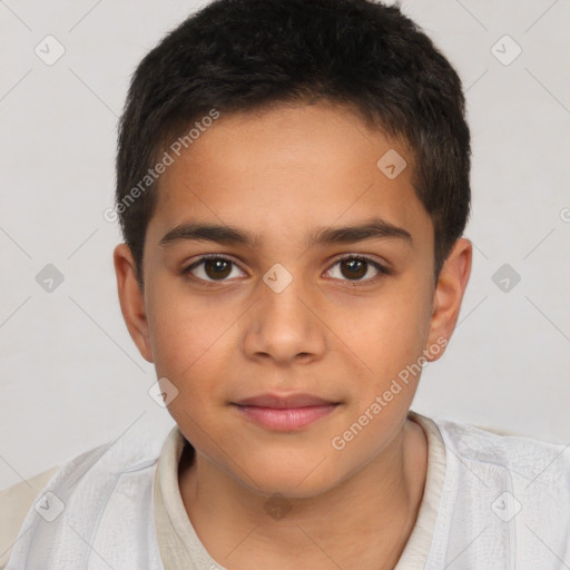 Joyful white child male with short  brown hair and brown eyes