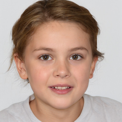 Joyful white child female with medium  brown hair and brown eyes