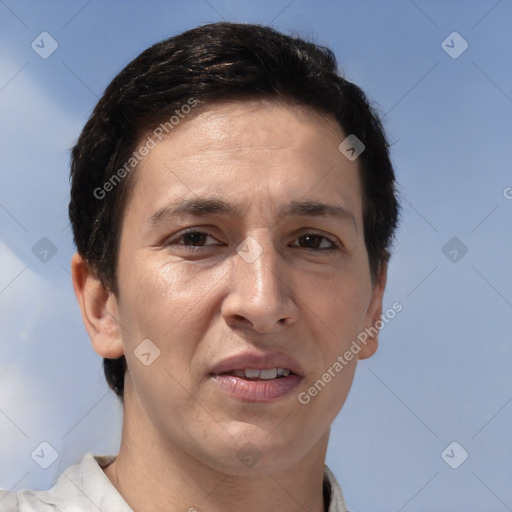 Joyful white adult female with short  brown hair and brown eyes