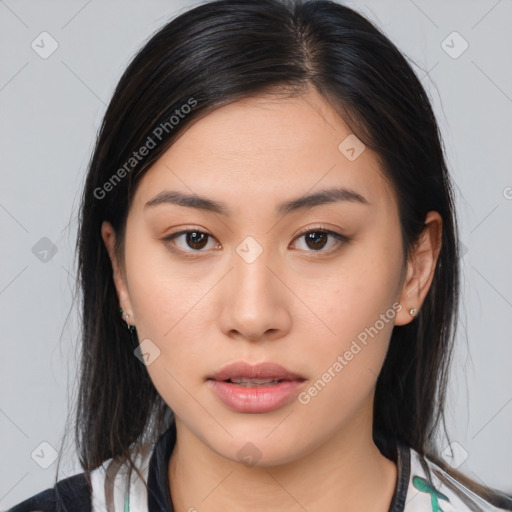 Neutral asian young-adult female with medium  brown hair and brown eyes