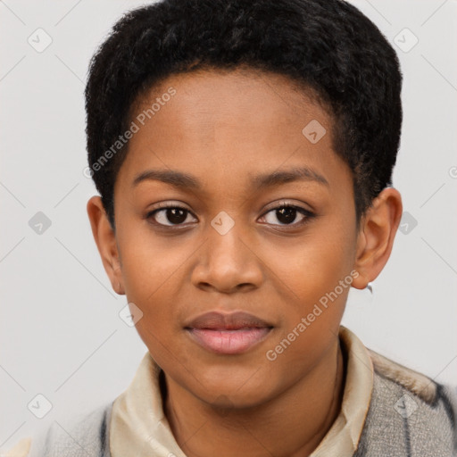 Joyful black young-adult female with short  black hair and brown eyes