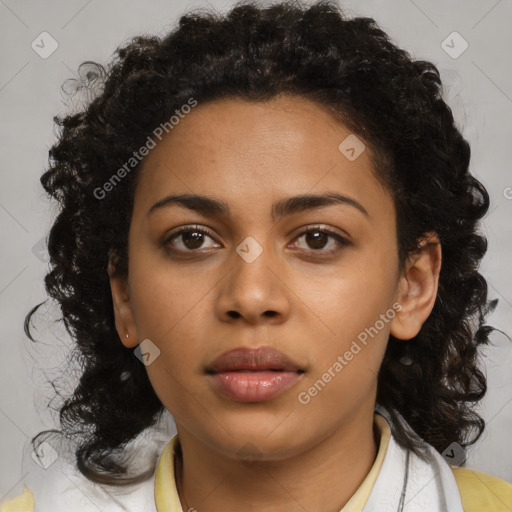 Neutral black young-adult female with medium  brown hair and brown eyes