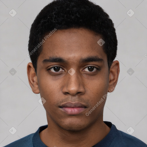 Neutral black young-adult male with short  black hair and brown eyes