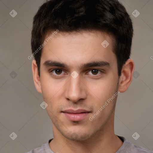 Neutral white young-adult male with short  brown hair and brown eyes