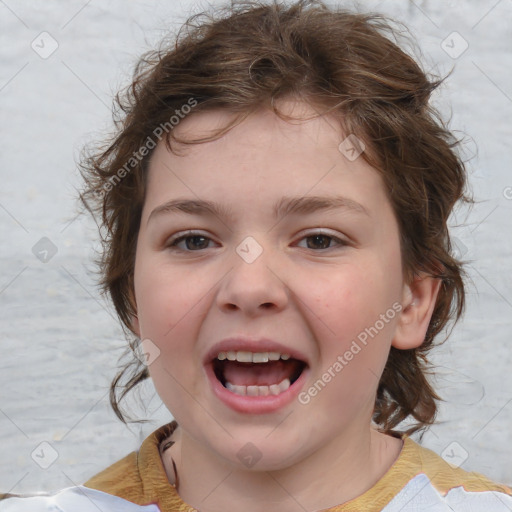 Joyful white child female with medium  brown hair and brown eyes