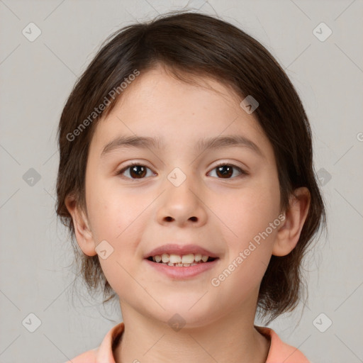 Joyful white child female with medium  brown hair and brown eyes