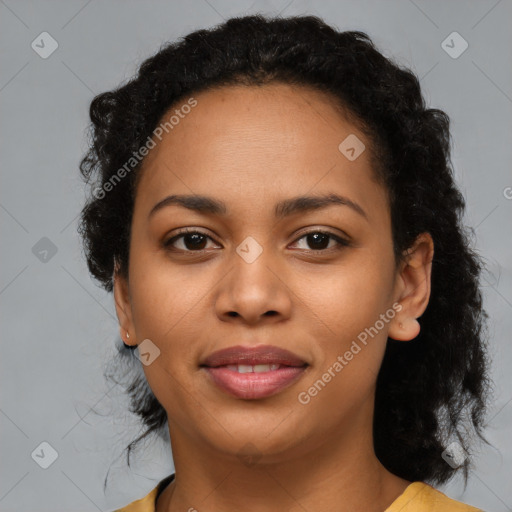 Joyful latino young-adult female with short  black hair and brown eyes