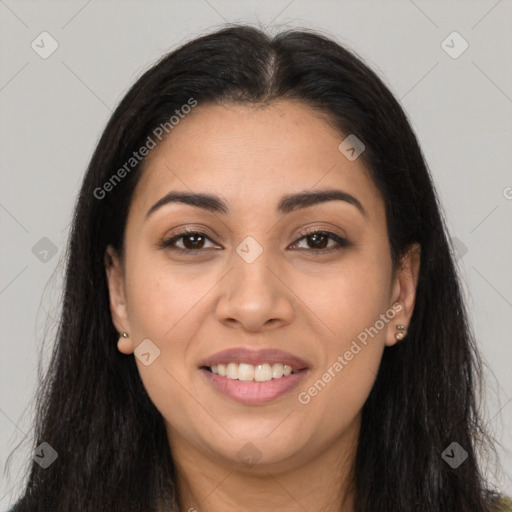 Joyful latino young-adult female with long  brown hair and brown eyes
